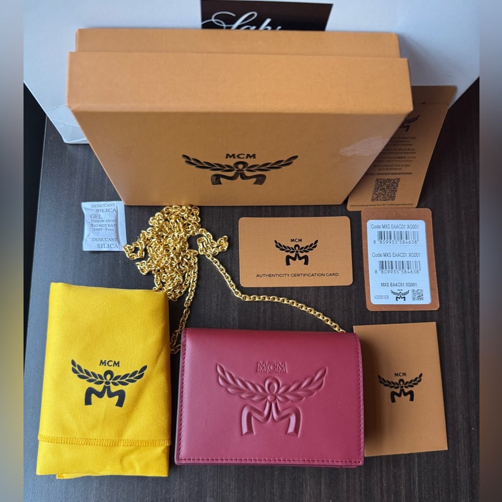 NWT【MCM】Himmel Small Leather Wallet On Chain in rouge burgundy